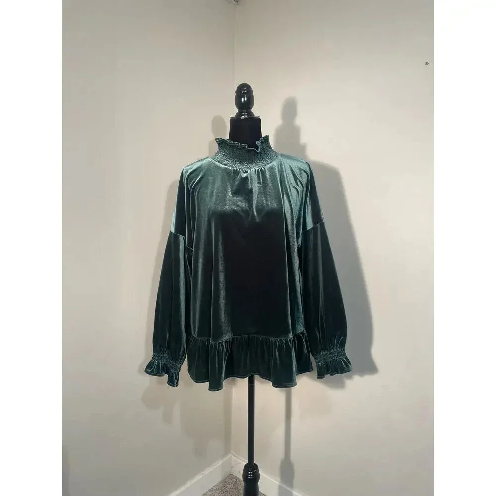 Soft Surroundings Green‎ Velvet Mock Neck Ruffle Top